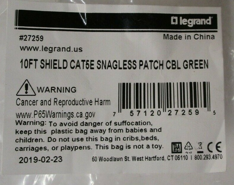 Legrand 27259 10FT Shield CAT5E Snagless Patch Cable Green