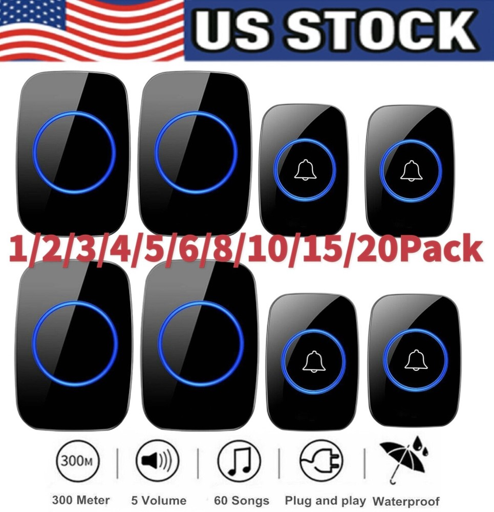 Waterproof Wireless Doorbell Adjustable Volume 1000FT Plugin Receiver 38 Chime