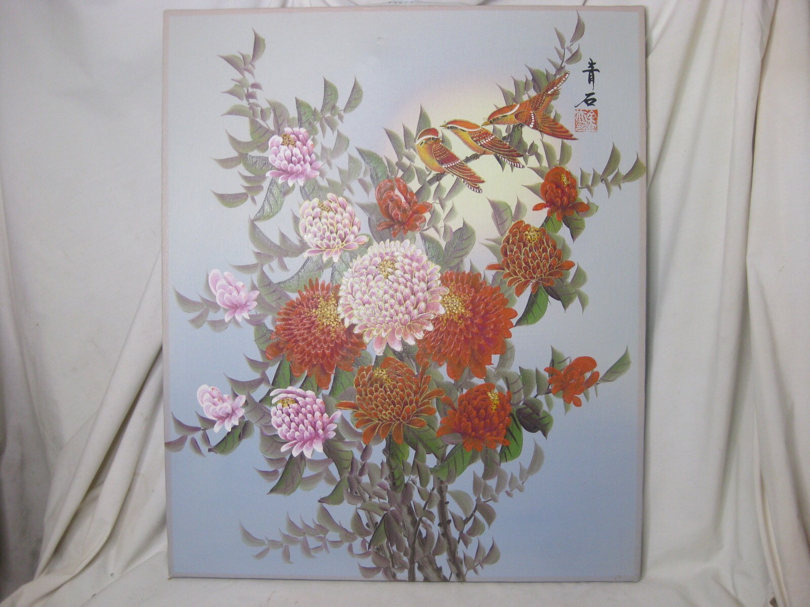 vintage Asian painting Chinese ? birds with flowers 20" x 24" original art *NOTE