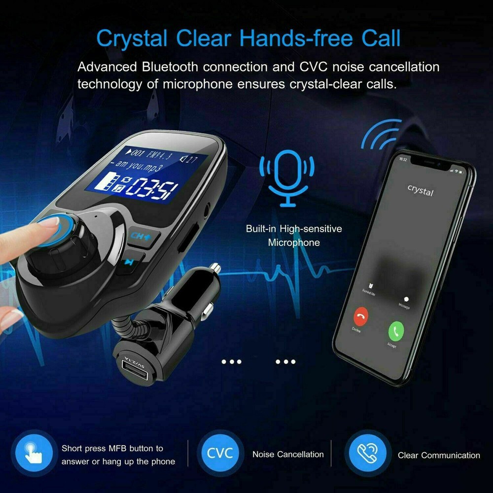 Bluetooth In-Car Wireless FM Transmitter MP3 Radio Adapter Car Kit 2 USB Charger