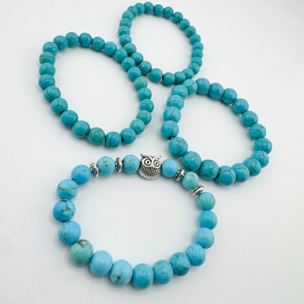 4 Turquoise Bead Bracelets Stretch Owl Stack Layer Southwestern Retro Boho