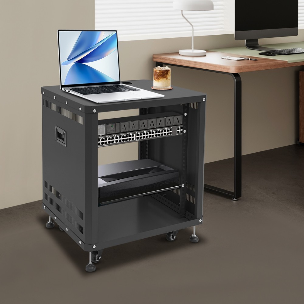 Network & Stereo Rack with Caster Wheels DJ Rolling Server Shelf Open Cabinet