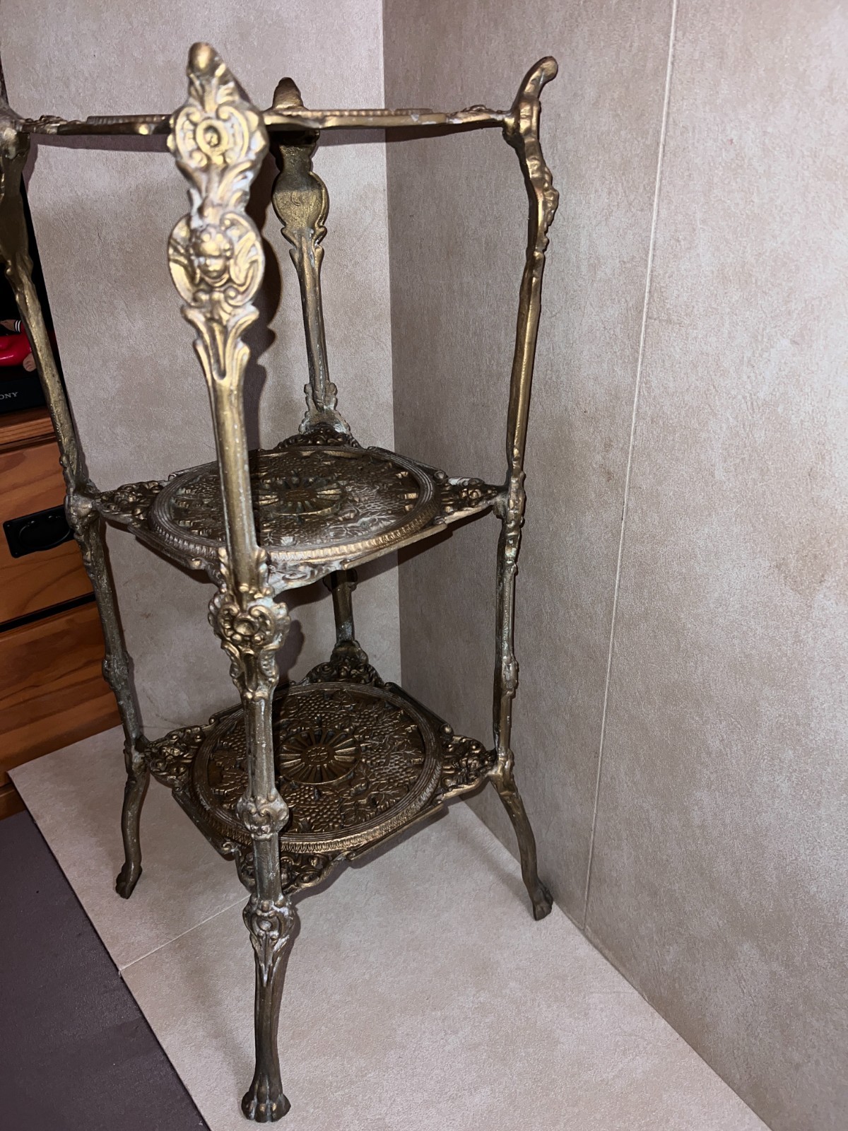 RARE 1950s Italian BRASS Filigree 3-Tier Plant Stand, Handmade Ornate, Claw Feet