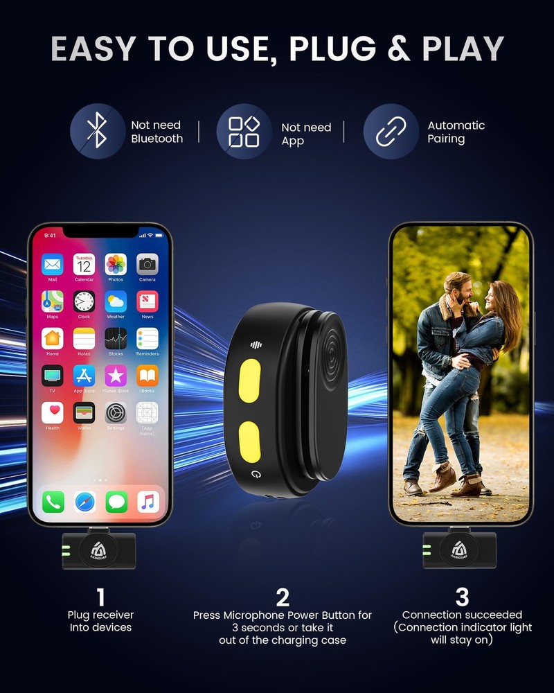 Wireless Lavalier Microphone for iPhone 15/16/17 & Android, Mini Microphone w...