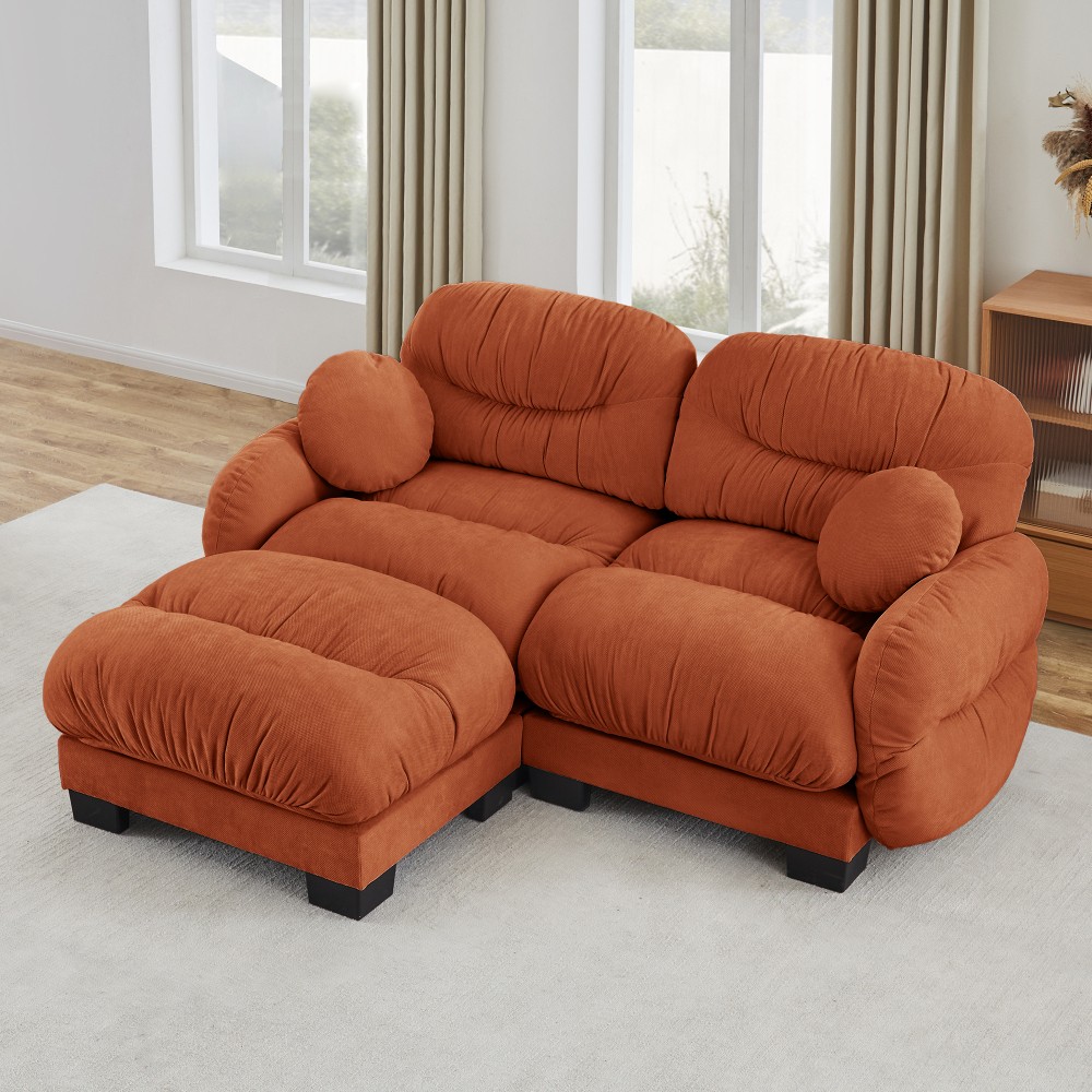 Orange L-Shape Sectional Sofa w/ Ottoman & Throw Pillows, Modular Chenille Couch