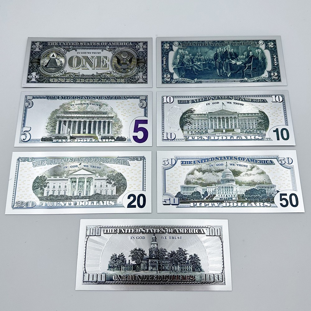 US Dollar Silver Banknotes 1 2 5 10 20 50 100 Bills Money Set Decorative Gift