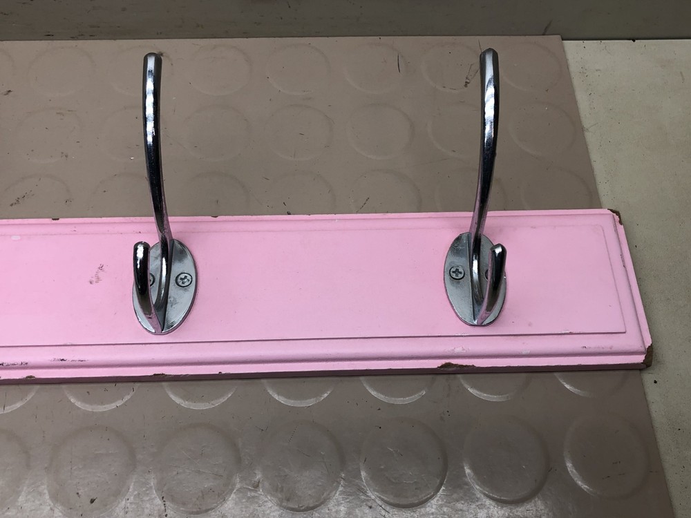 4 Chrome Hooks on Pink Wall Coat Rack