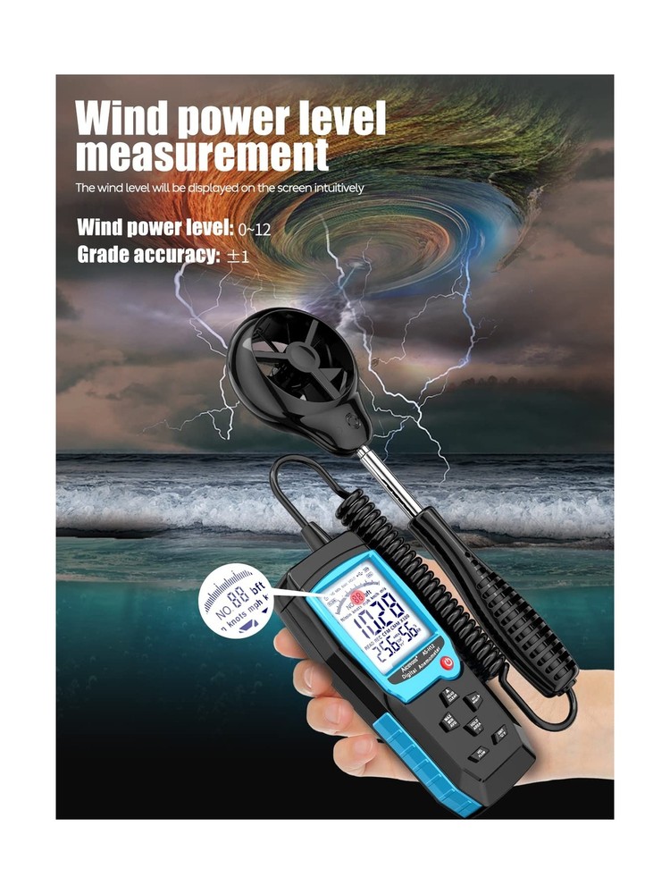 H12 Digital Anemometer Handheld Wind Speed Meter with Extended Wind Sensor, M...