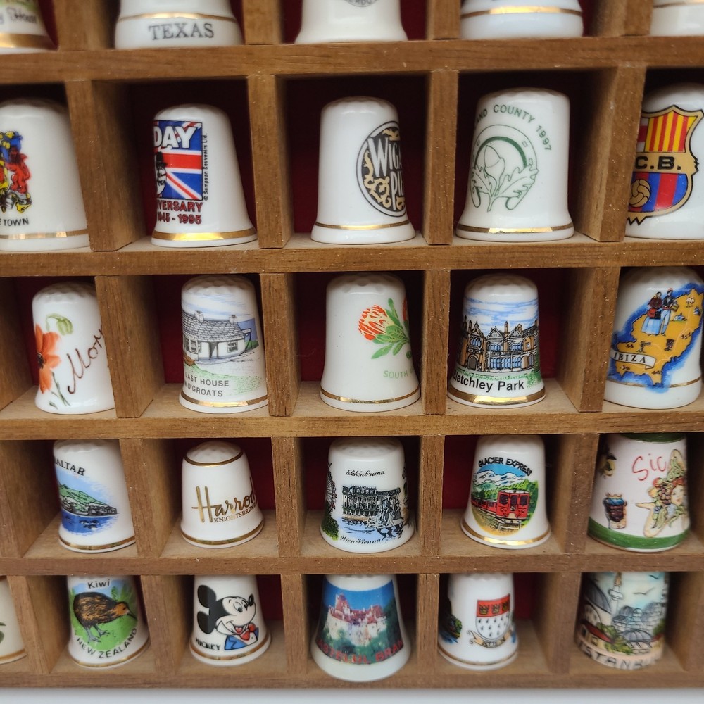 Vintage Thimble Display Case with 100 Mixed Various Thimbles Good Condition