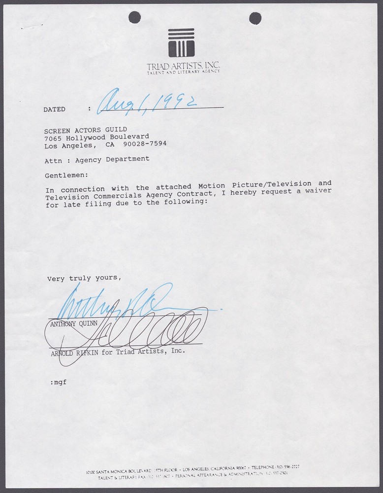 ANTHONY QUINN - DOCUMENT SIGNED 08/01/1992