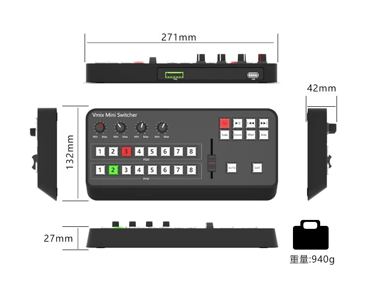 TYST Vmix Mini Panel Switcher Control MIDI2.0 8-Channel Video USB Tally Output