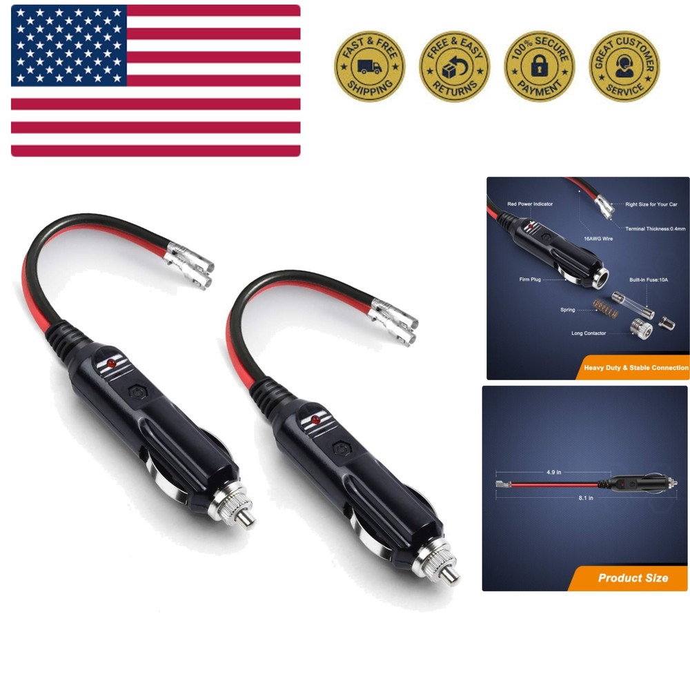 12V Replacement Cigarette Lighter Male Plug Adapters with Leads & LED Light &...