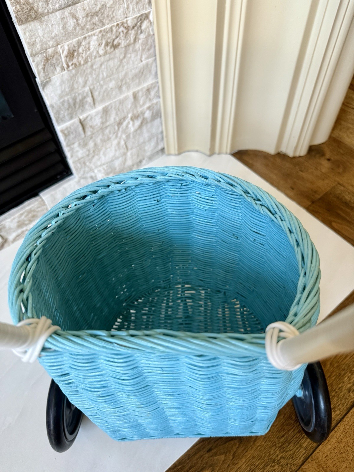 Antropologie Olli Ella Blue Rattan Luggy Cart Trolly Children Kids Wheel Basket