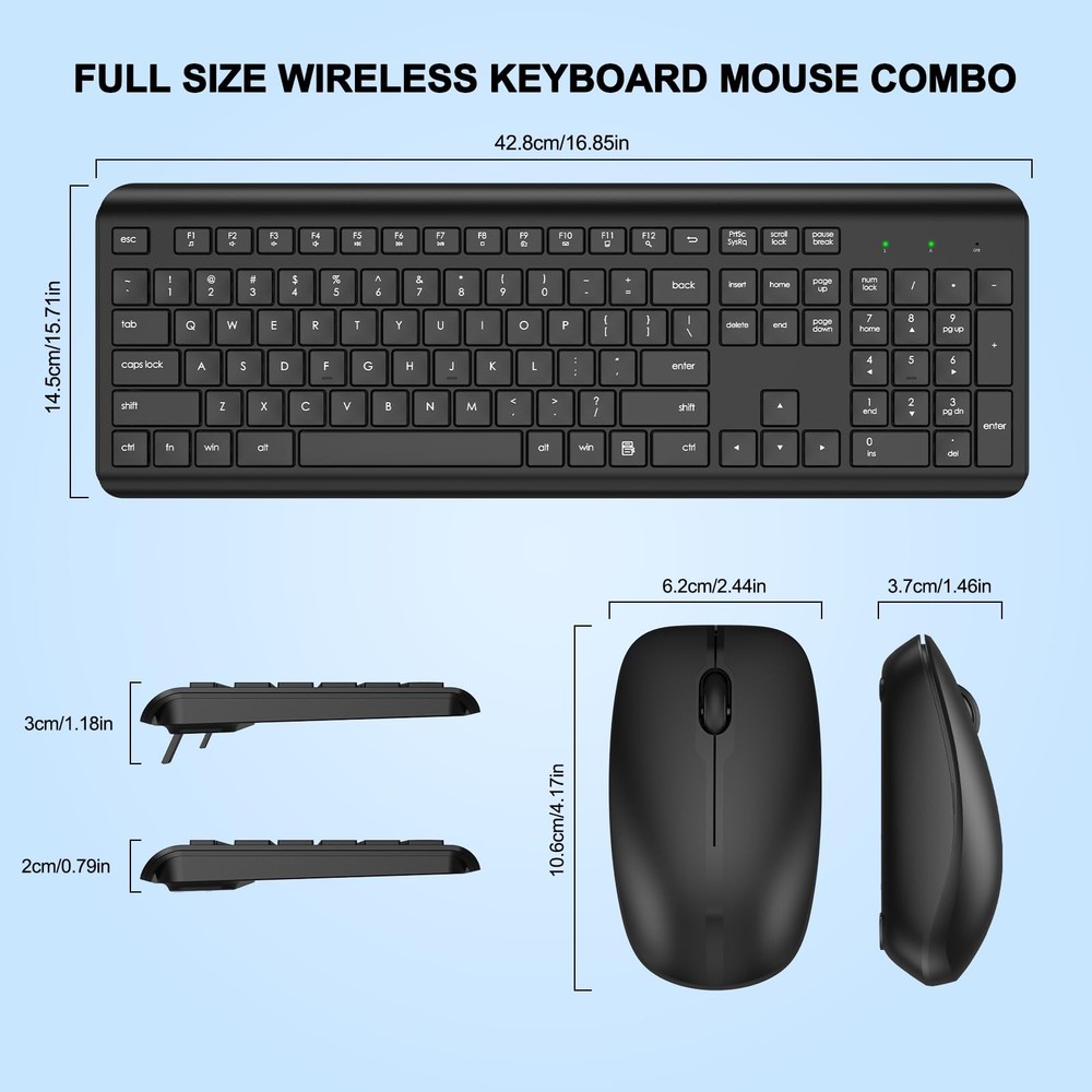 Wireless Keyboard Mouse Combo Full Size Silent Ergonomic Optical 2.4G PC Mac