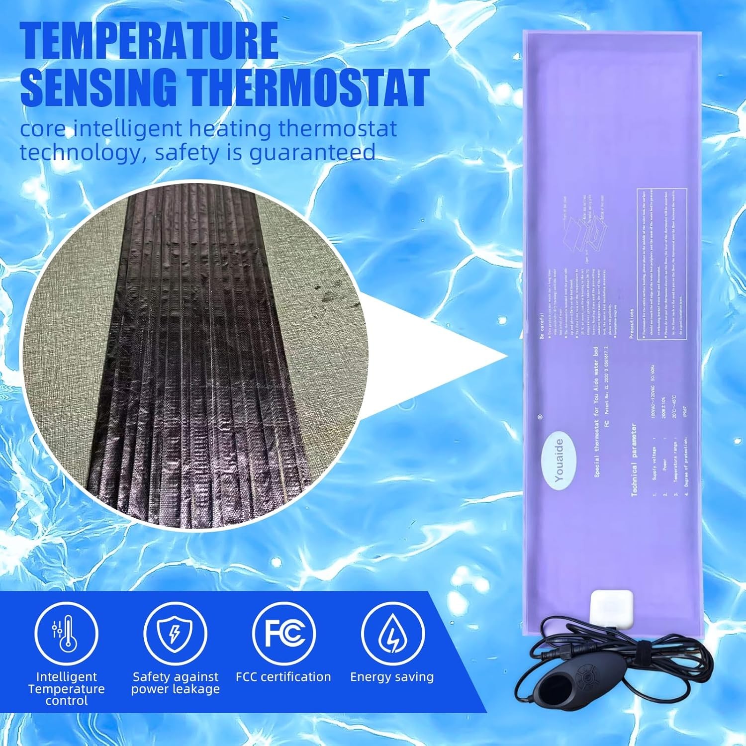 Smart Waterbed Heater with LED Digital Controller, 250W Waterbed Heating Pad for