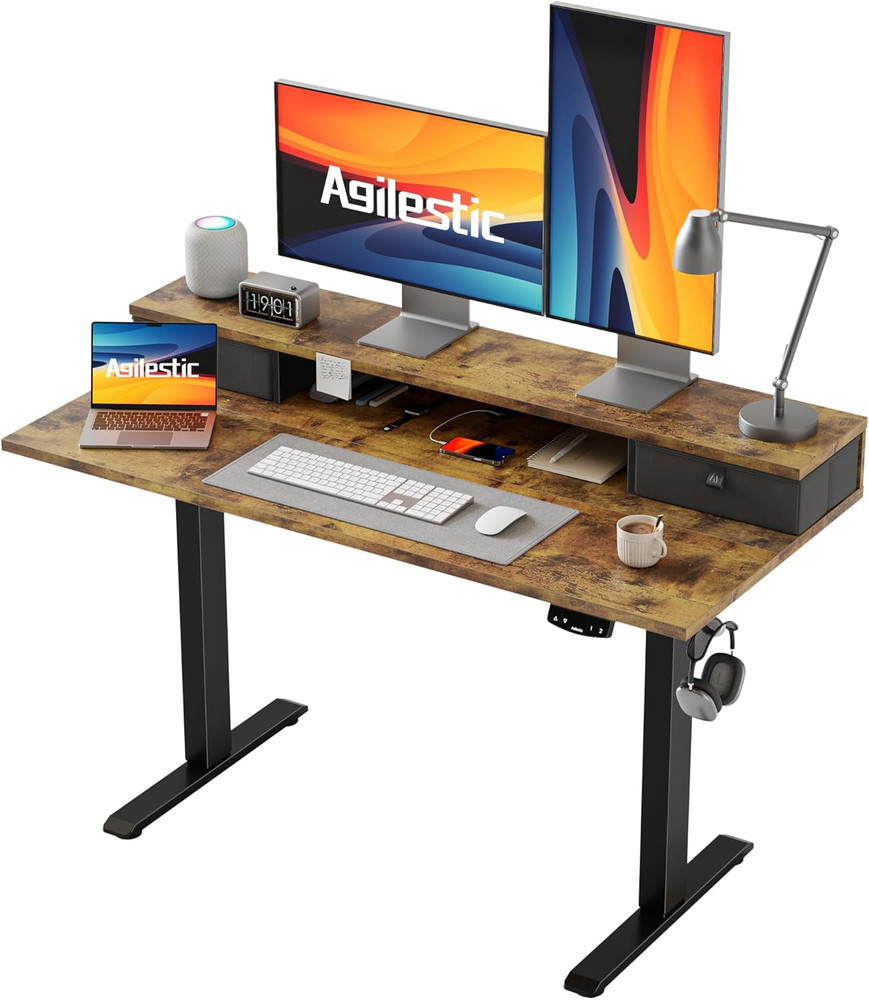 Rustic Brown Electric Standing Desk with 2 Drawers, Height Adjustable 48x23