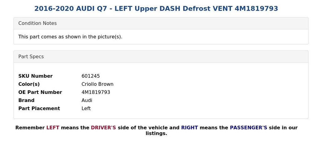 2016-2020 AUDI Q7 - LEFT Upper DASH Defrost VENT 4M1819793