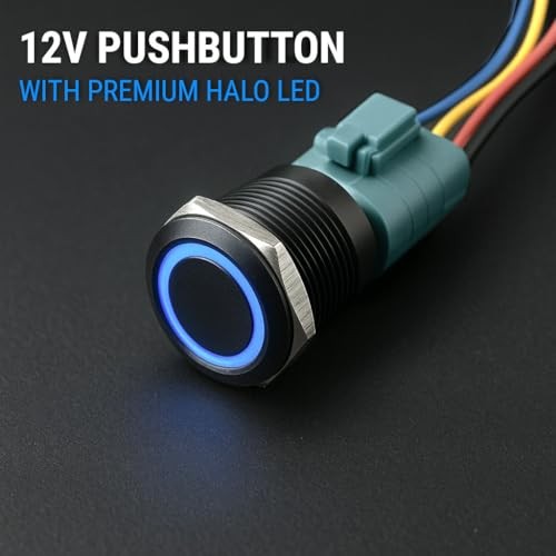 Black Aluminum Push Button Switch 22mm with Socket, 3A 12vDC Latching Blue