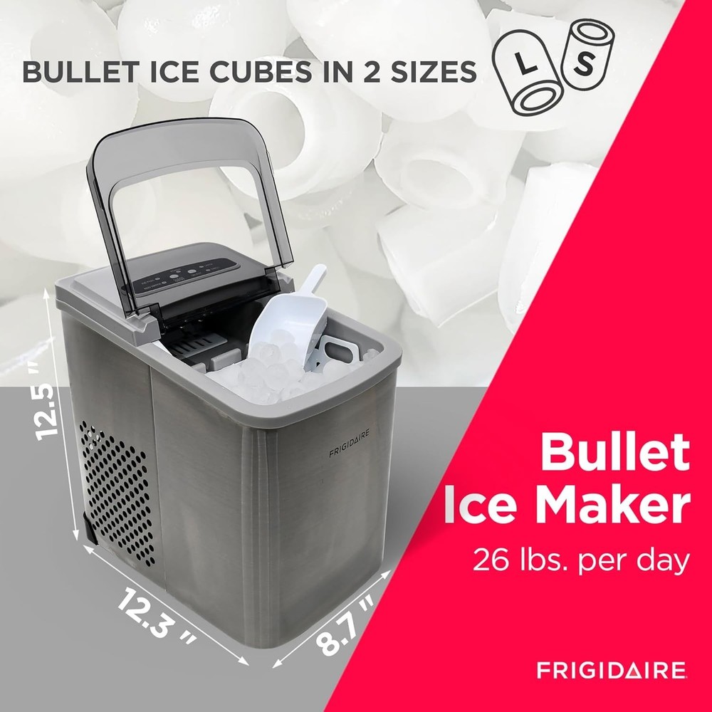 Frigidaire 26 Lbs per Day Portable Compact Maker, Ice Making Machine, Stainless