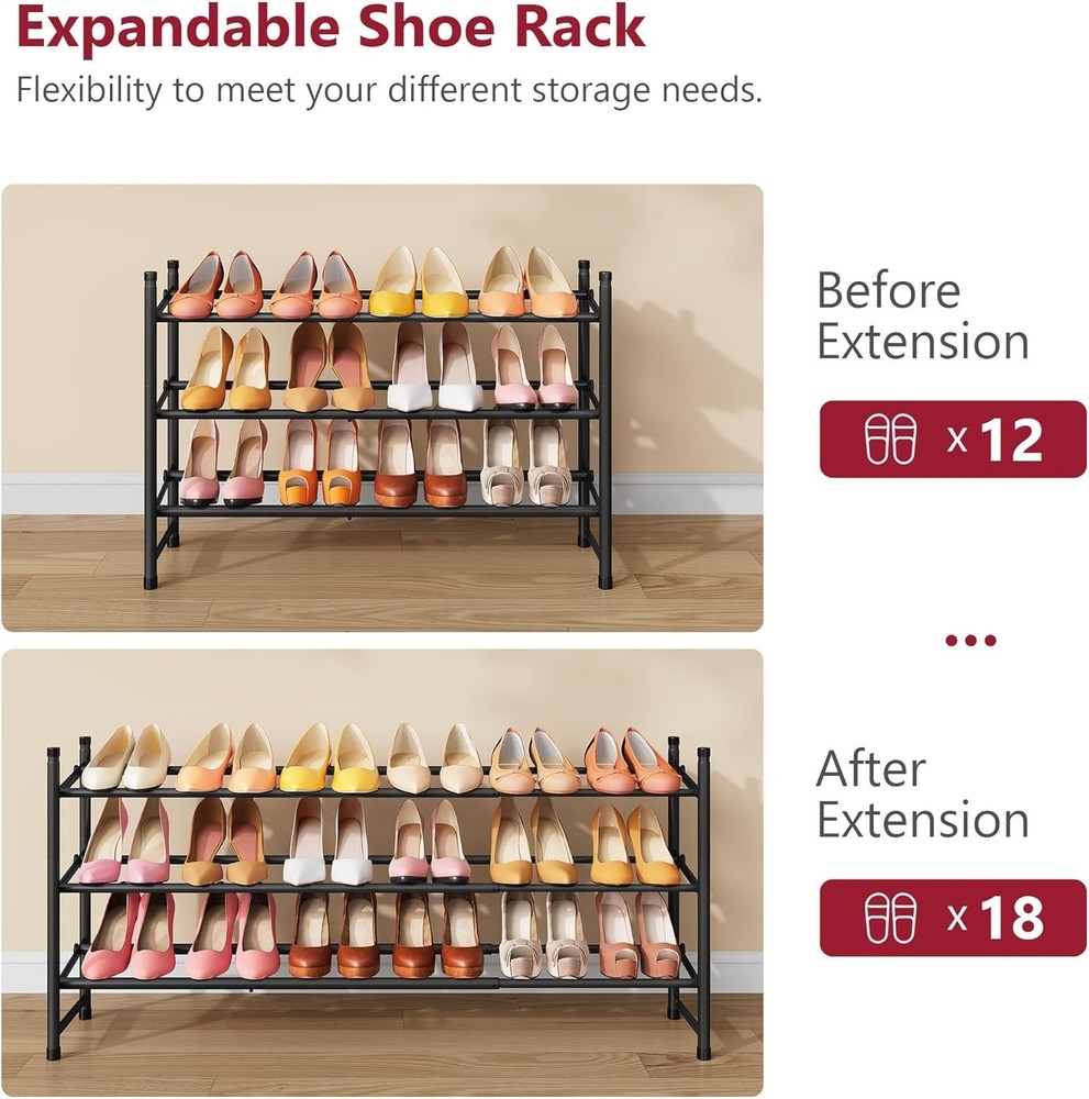 Expandable Shoe Rack Closet 3 Tier 28“-41“Adjustable & Stackable Shoe Shelf