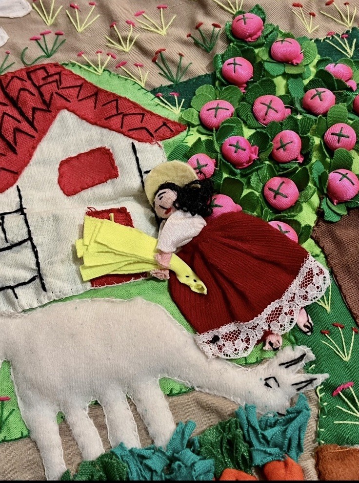 Handmade Peruvian Textile Art Farm Scene Wall Hanging 3D Pink Red Pillow Cover