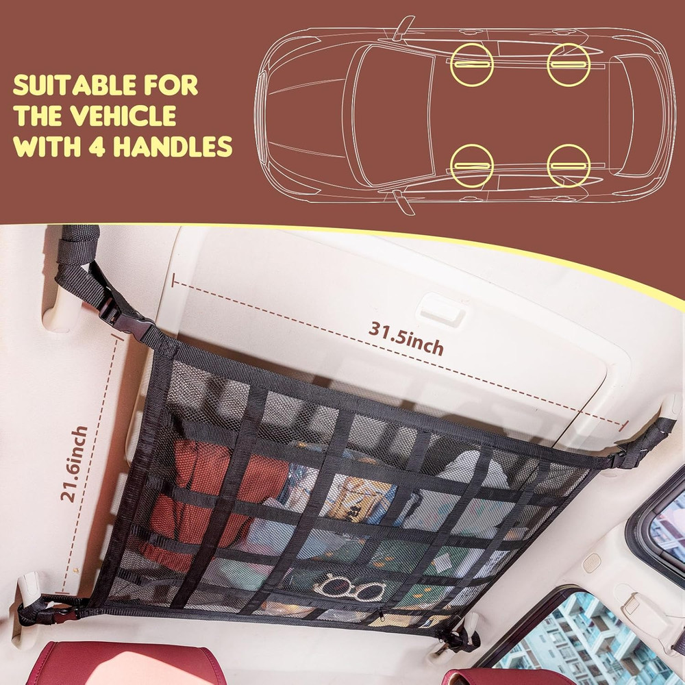 Car Ceiling Cargo Net Pocket Double-Layer Roof Storage Mesh