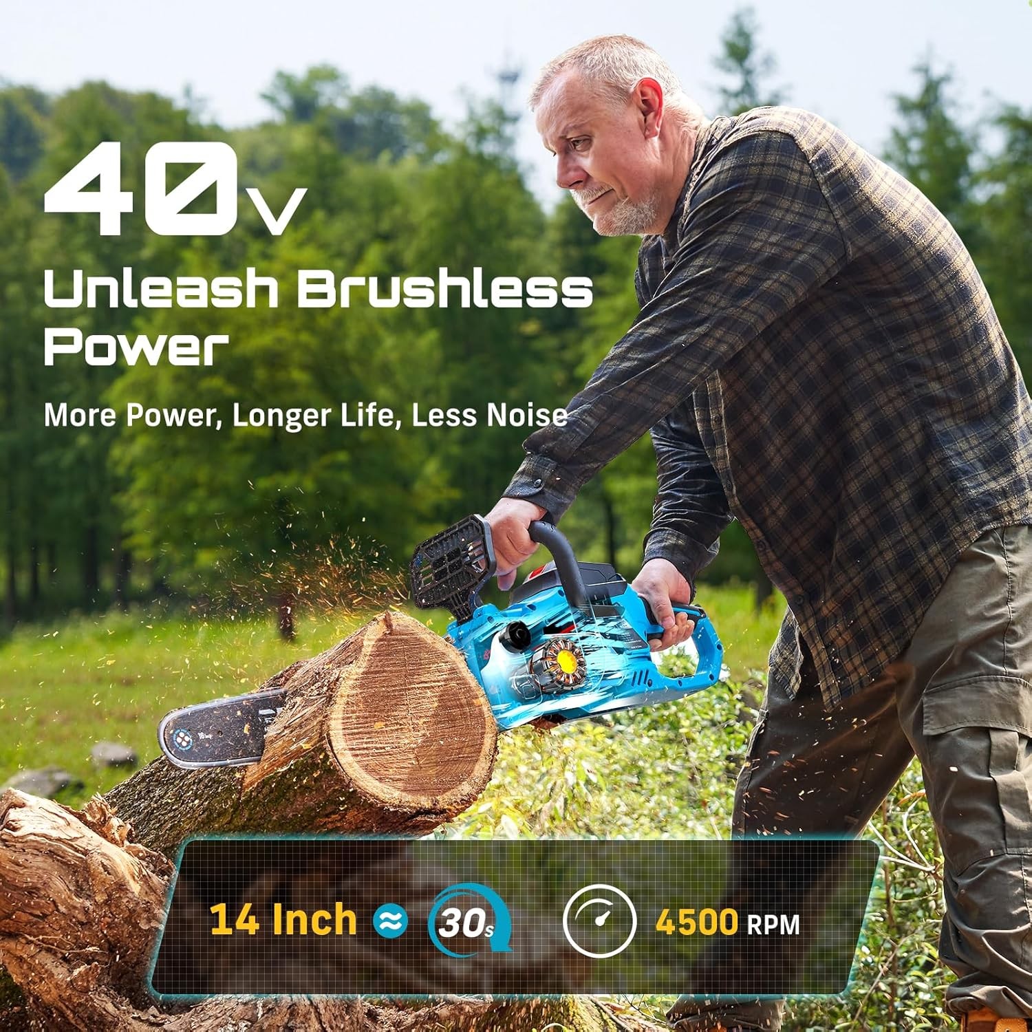 40V 16" Cordless Chainsaw Brushless Electric Chain Saw 2×4.0Ah Battery & Charger