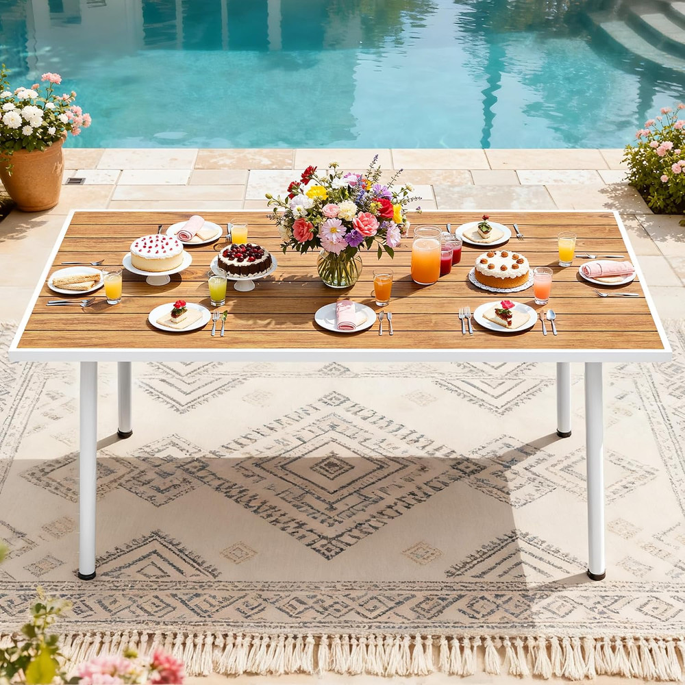 Patio Table Rectangle 59" for 6 Outdoor Table with Umbrella Hole & Adjustable Fe