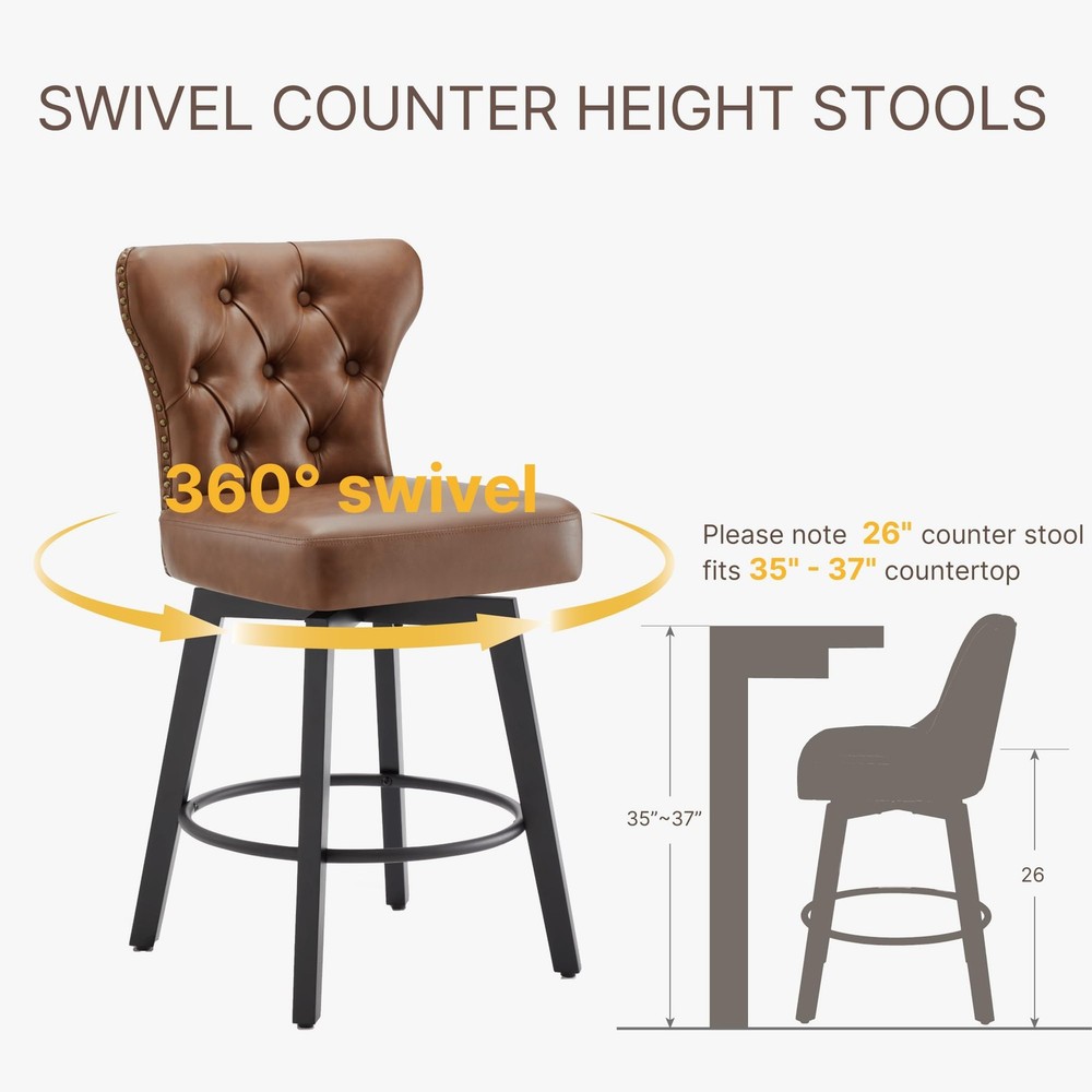Counter Height Barstools 26 inch Upholstered Button Tufted Swivel Bar Stools ...