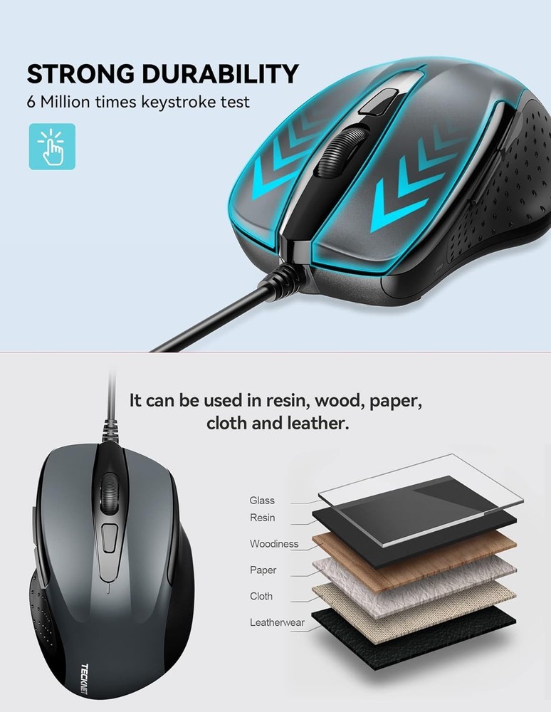 TECKNET USB Wired Mouse, 6-Button Corded Mouse with 2 Adjustable DPI, GRAY