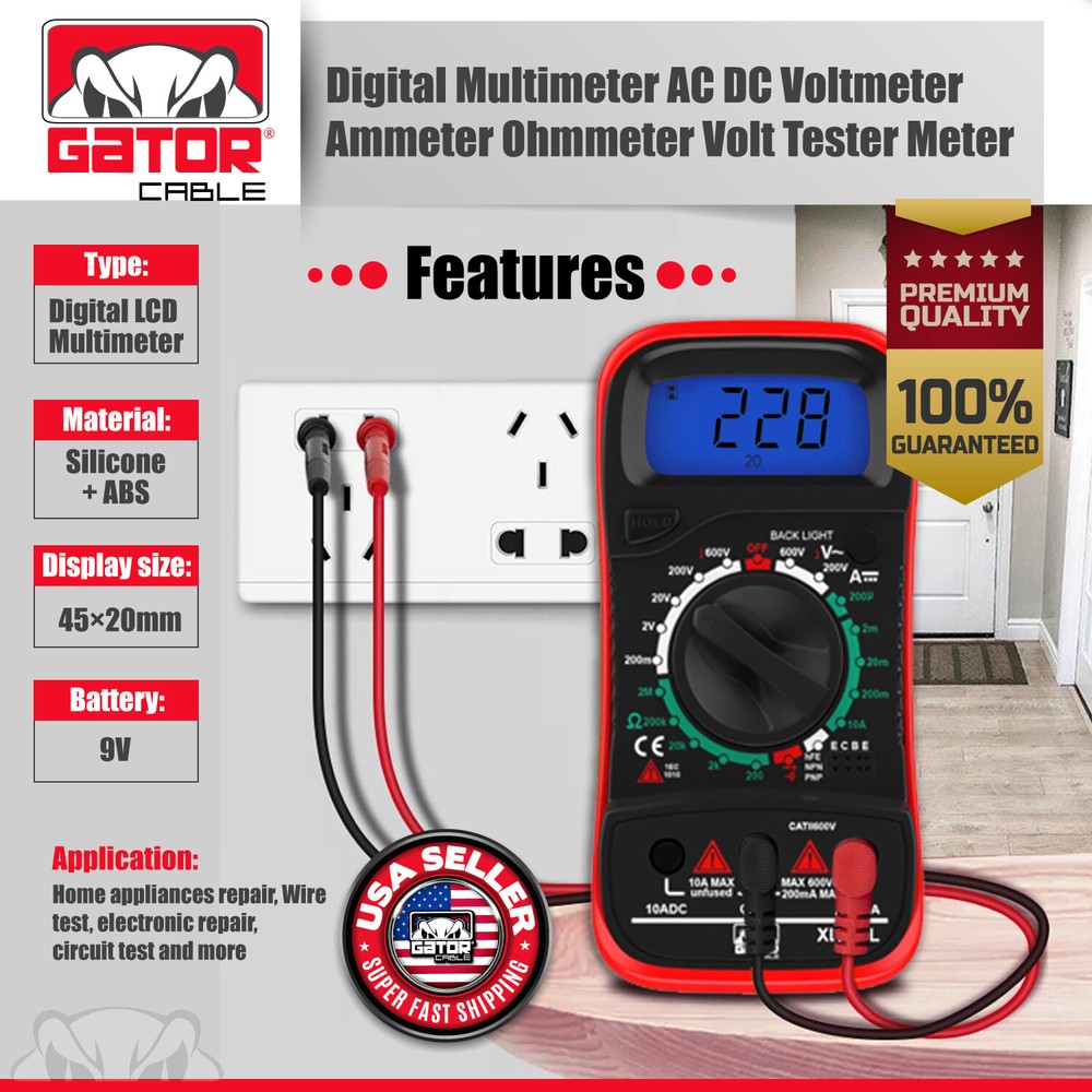 Digital Multimeter AC DC Voltmeter Ammeter Ohmmeter Volt Tester Meter 9V Power