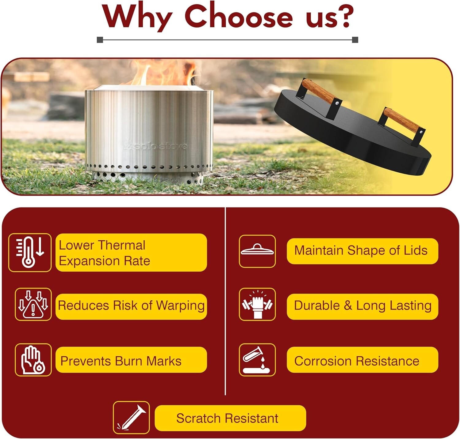 Firepit Snuffer Lid - For Solo Stove Yukon 2.0 & 1.0 - With 2 Wooden Handles