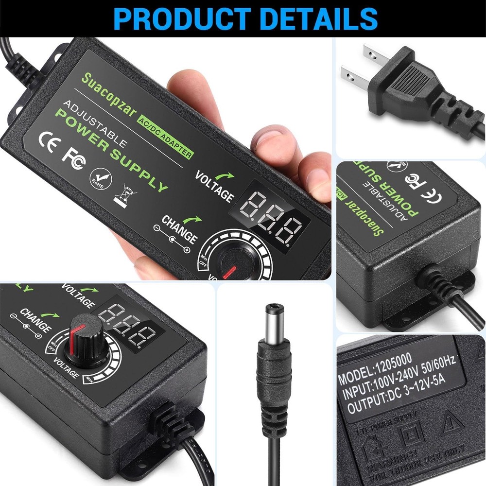 60W Power Supply Adjustable DC 3V ~ 12V 5A, Variable Universal 3-12V 5A