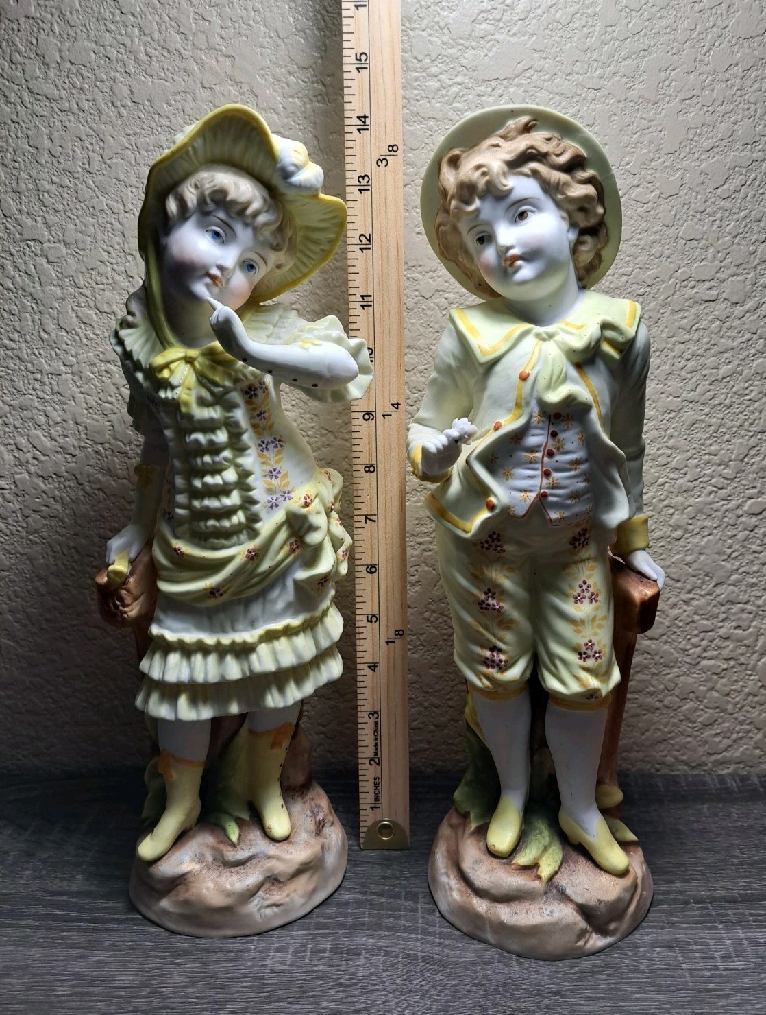 Antique Gebruder Heubach German Porcelain Bisque 14" Boy & Girl Figurine Pair