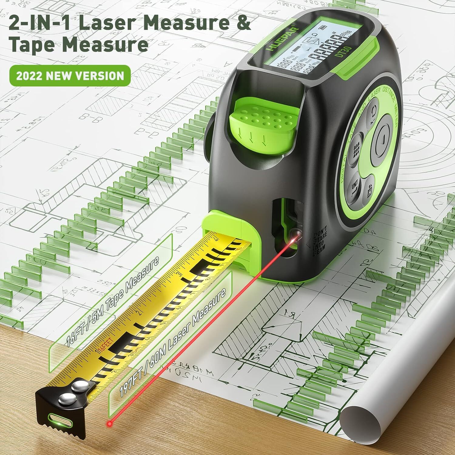 Huepar 2-in-1 Laser Tape Measure,197Ft Rechargeable Laser Measurement Tool & LCD