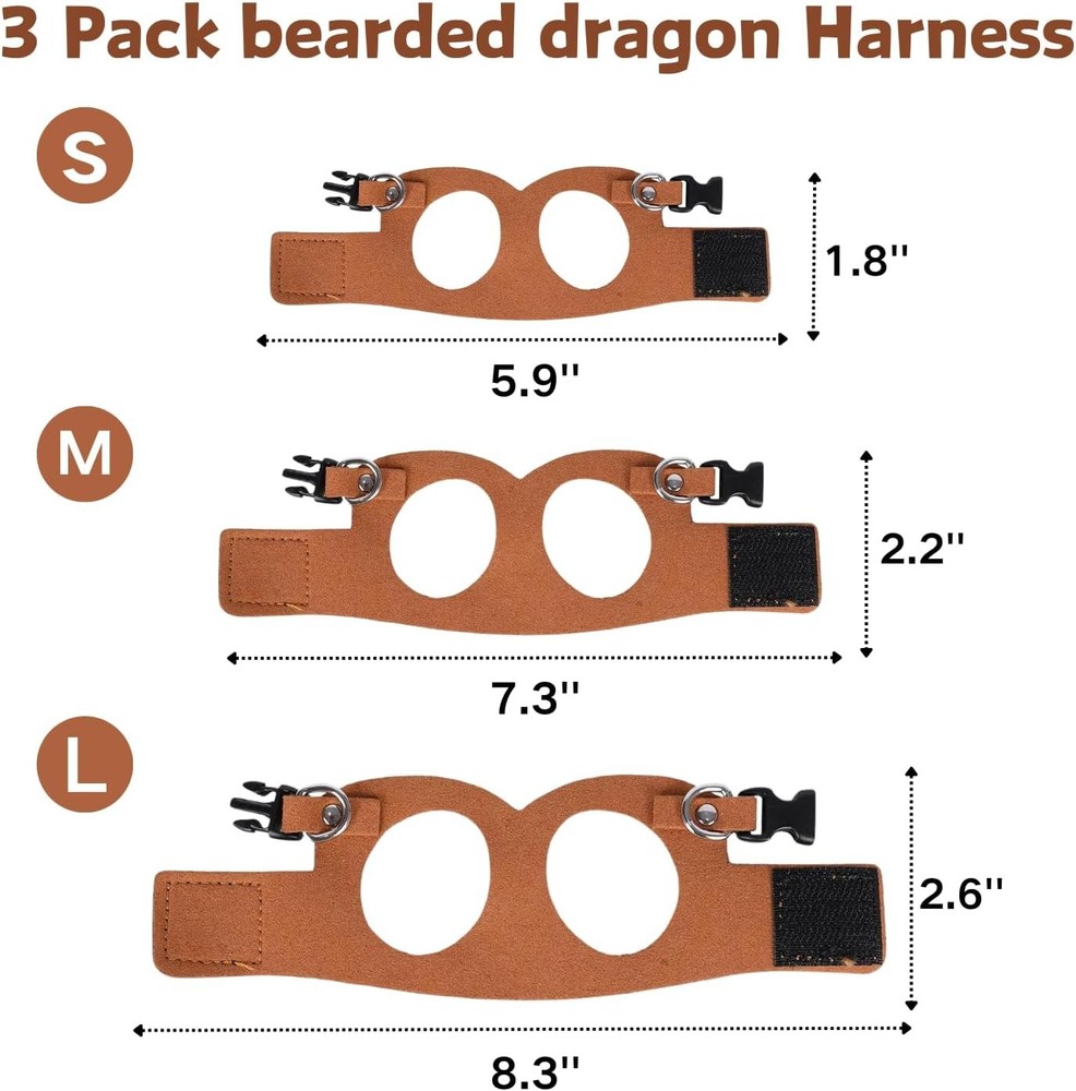 3 Pack Bearded Dragon Harness and Leash Set - Small, Medium, Large, Brown
