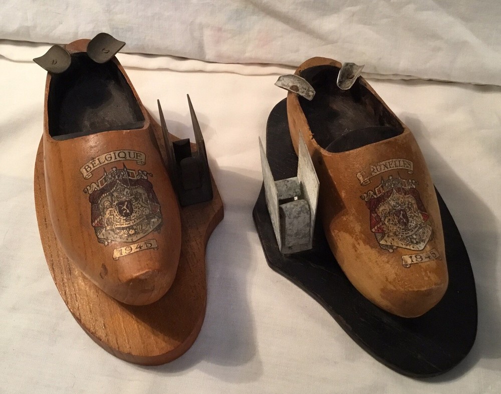 2 WWII Soldier Souvenir Ashtray Brussels Belgium 1945 Wooden Clog Match Holder