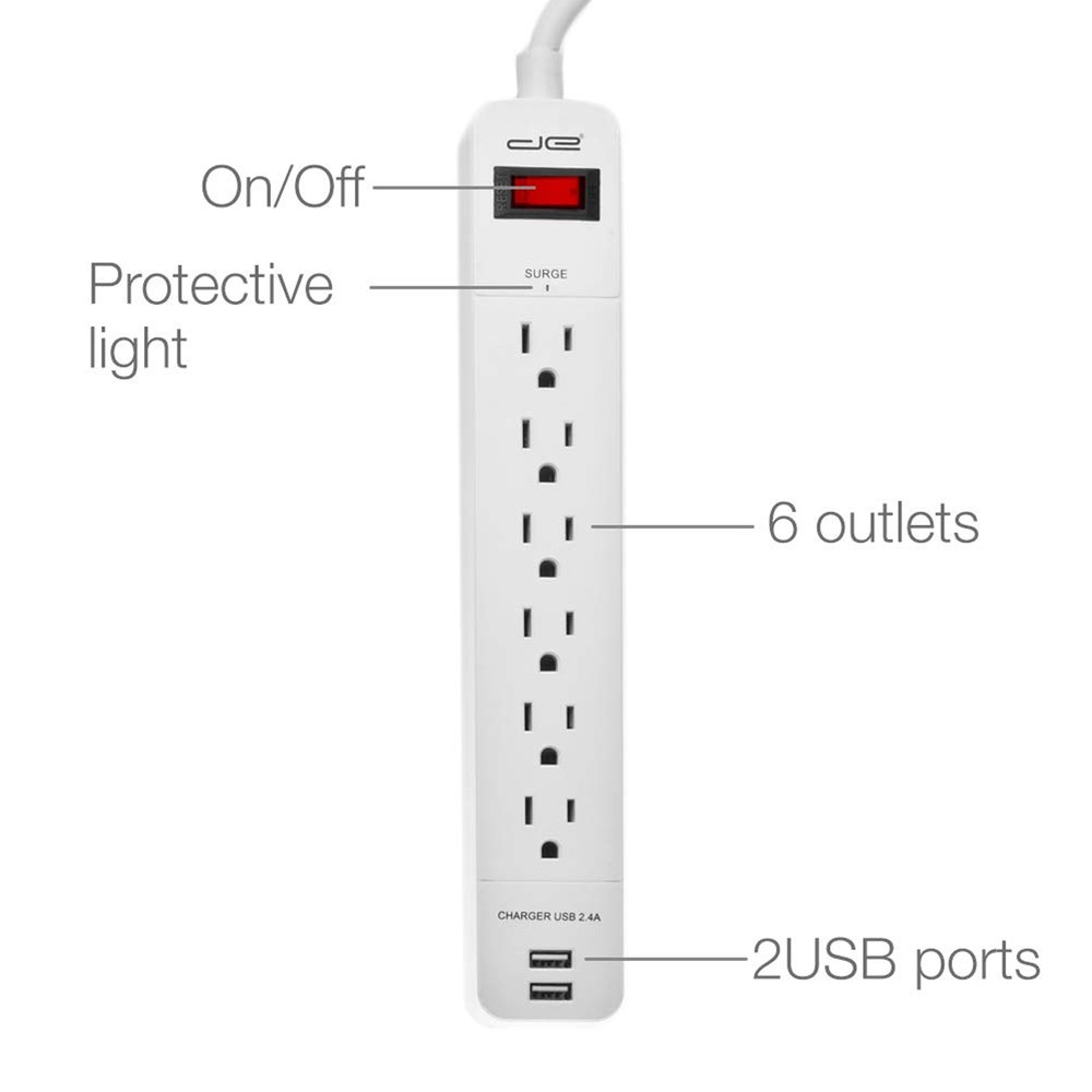 6 Outlet Surge Protector, 15 Ft, USB, White