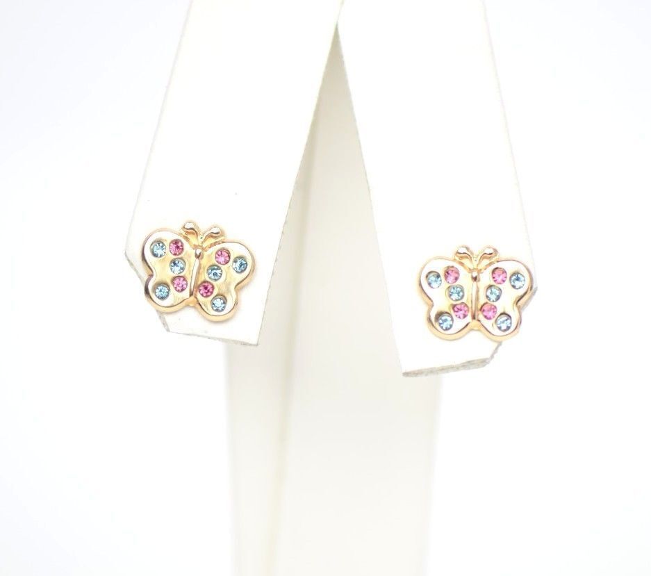 14K Solid Yellow Gold Butterfly Stud Earring with CZ