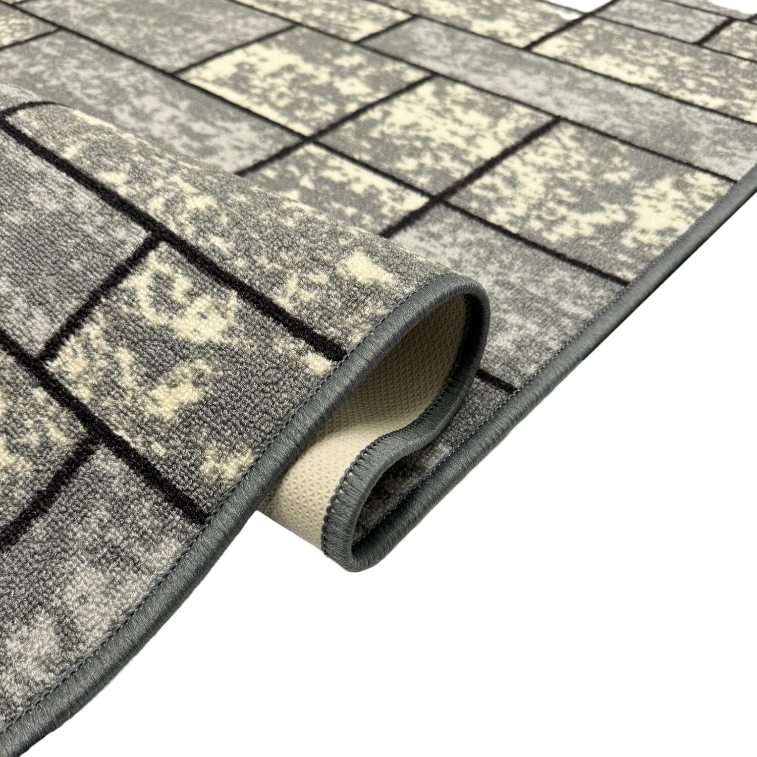 Custom Size Stair Hallway Runner Rug Non Slip Rubber Back Grey Ivory Tiles 3D