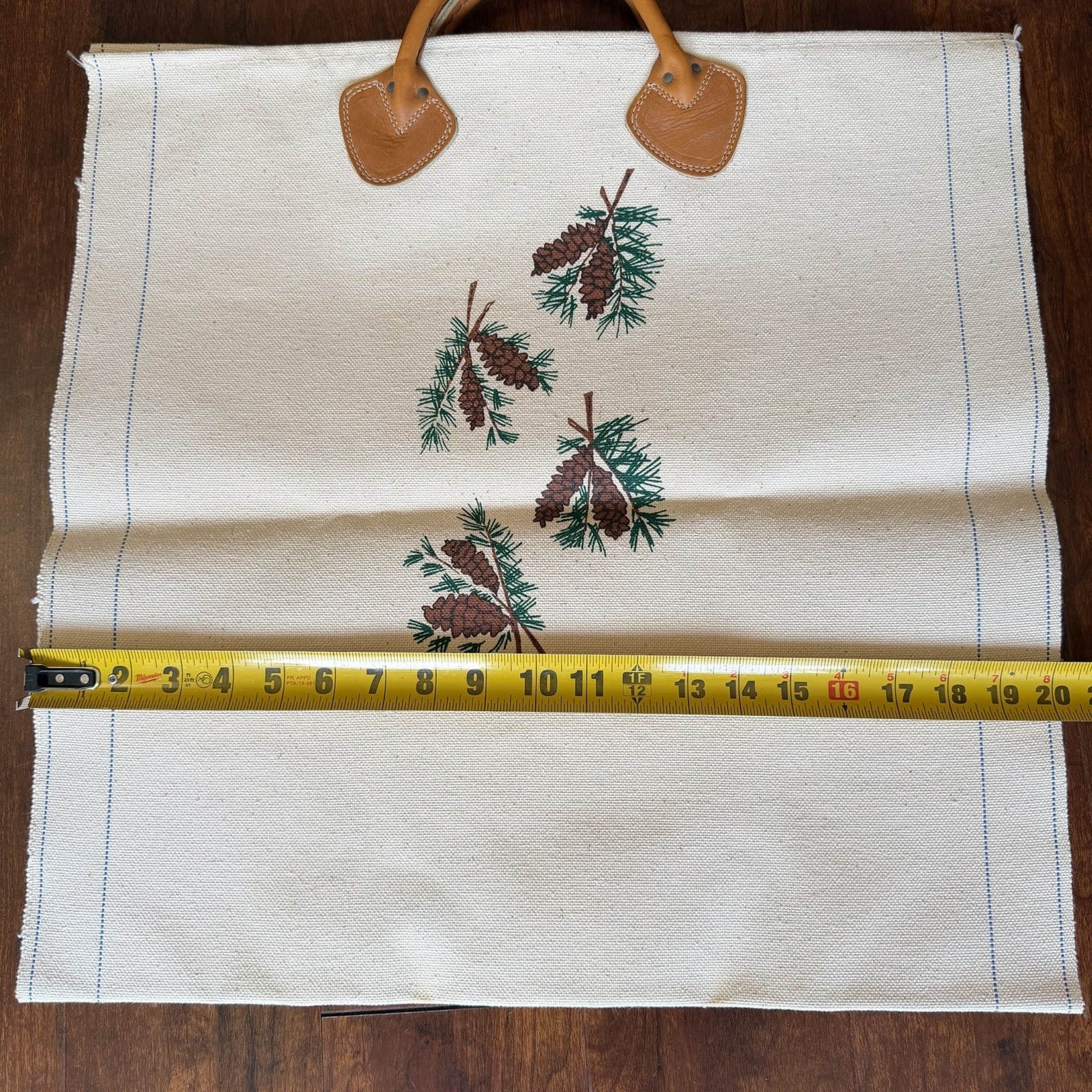 L.L.Bean Canvas Firewood Holder Carrier Pine Cone Design Leather Handles Vintage