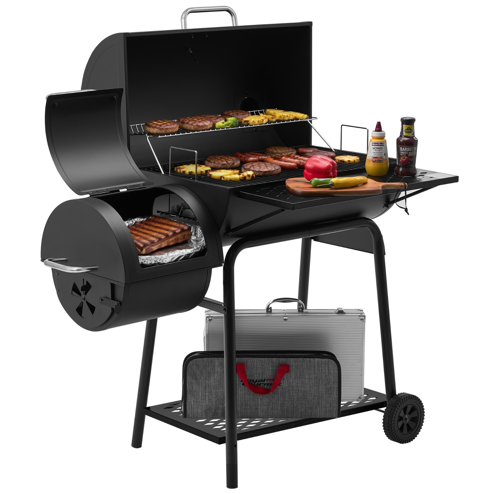 Royal Gourmet 28-Inch Barrel Charcoal Grill with Offset Smoker,855 Sq, Black