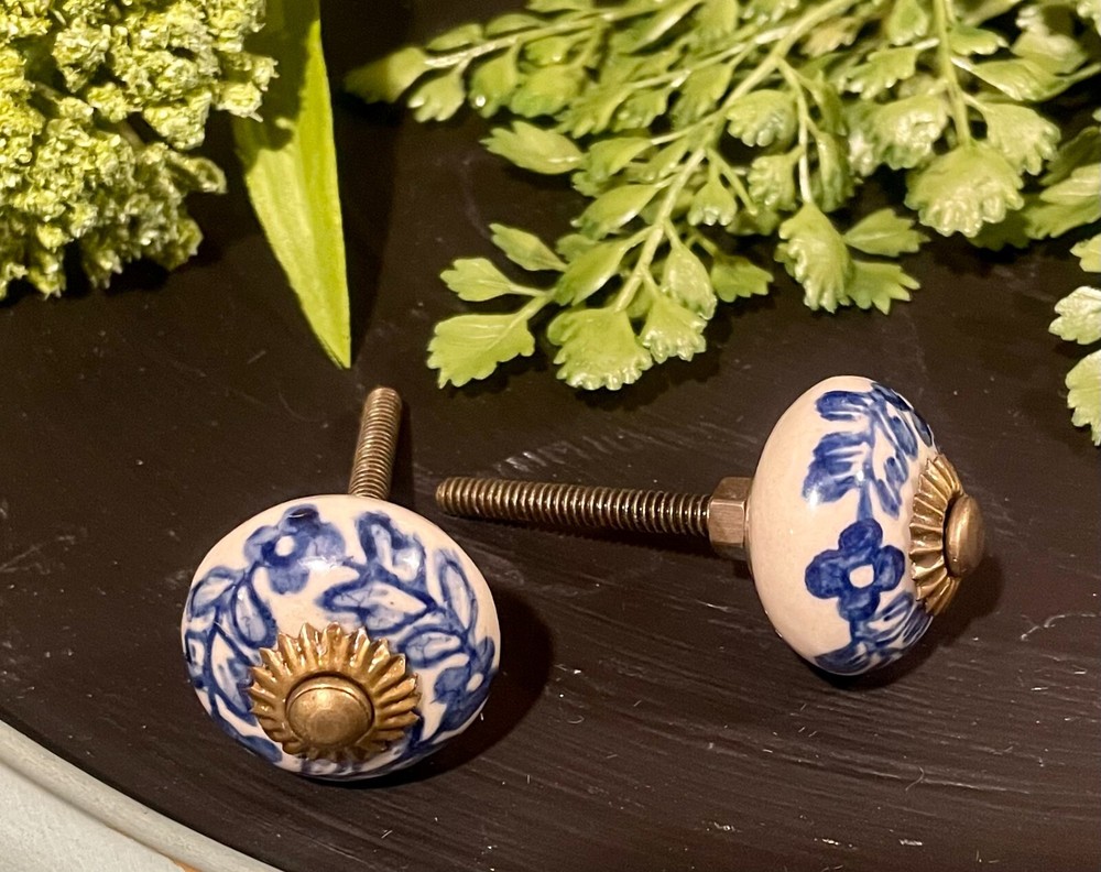 1 Antique Blue white Porcelain Ceramic Drawer Cabinet Knobs Pulls 1.25 brass end