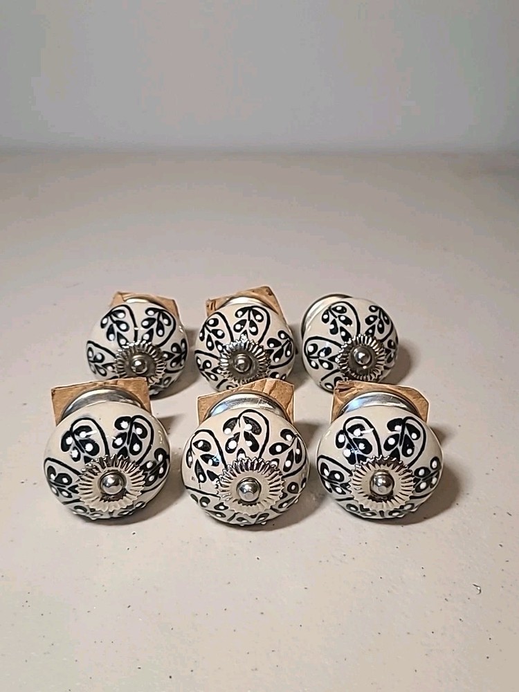 6 Antique Style Ceramic Hand Decorated Silver Tone Drawer Pulls Knobs Flowers