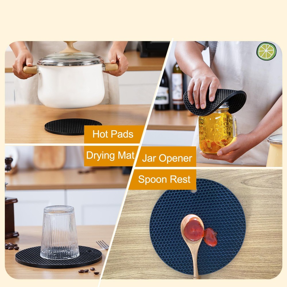Kitchen Silicone Trivets 4 Pack, Hot Dish Protector, BPA Free, Black