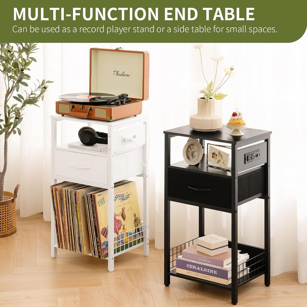 Record Player Stand with Storage - End Table with Charging Station & LED Lights,