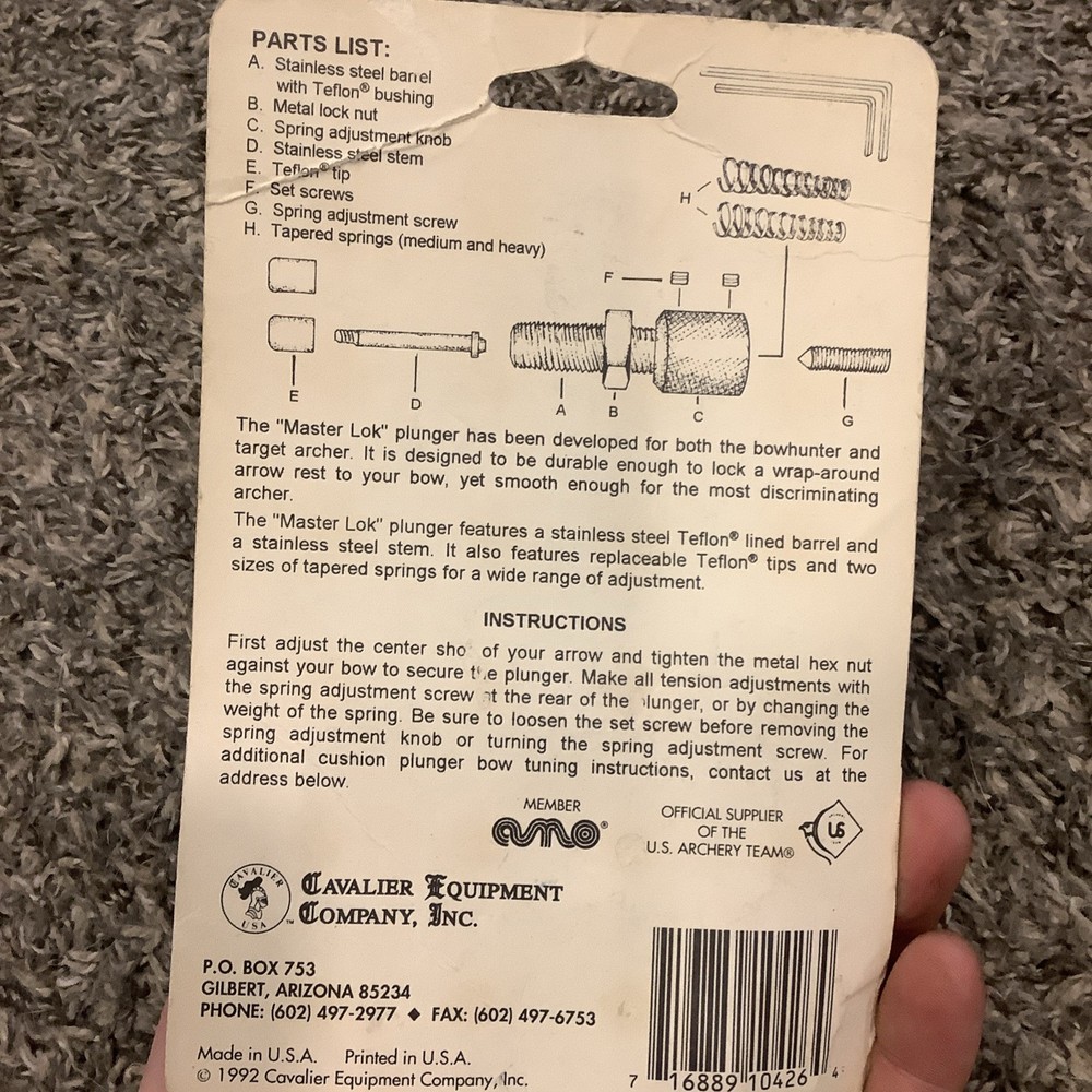 Cavalier Master Lok Plunger, Recurve, Compound, Cushion, Button Pressure