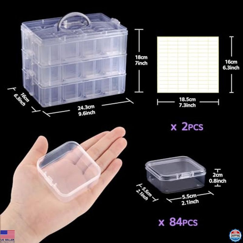 84pcs Bead Organizer Box, 3-Tier Stackable Clear Plastic Containers with Lids