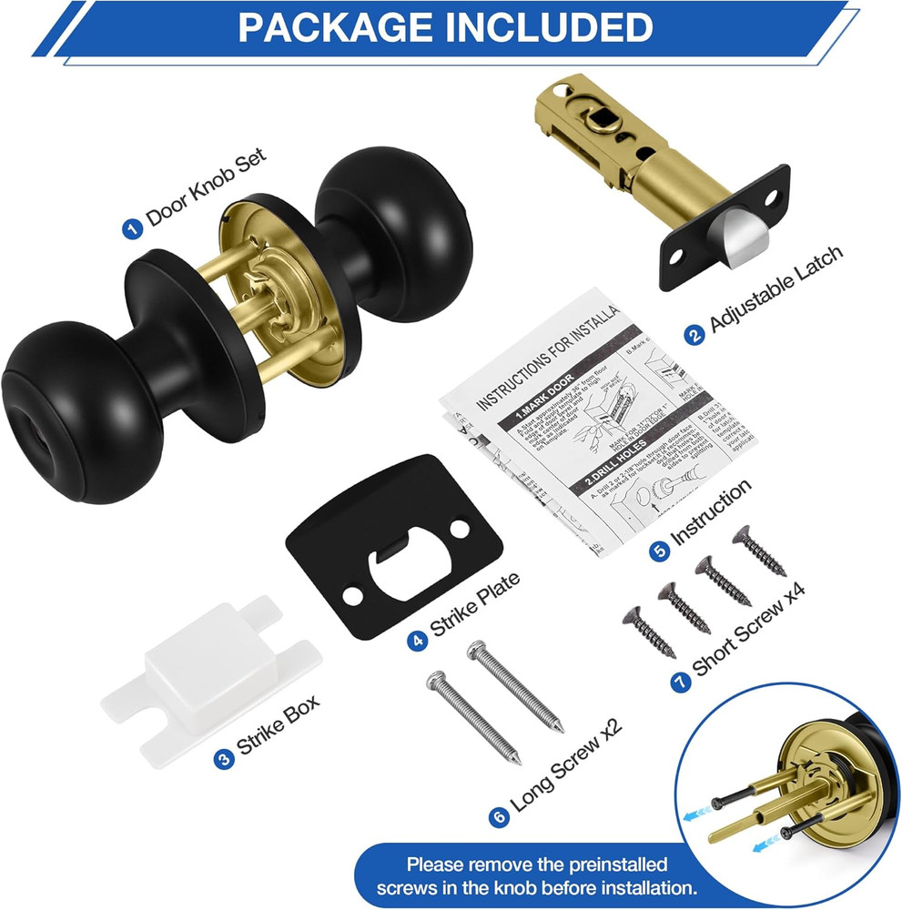 8-Pack Matte Black Interior Door Knobs – Round Ball Privacy Knobs with Lock