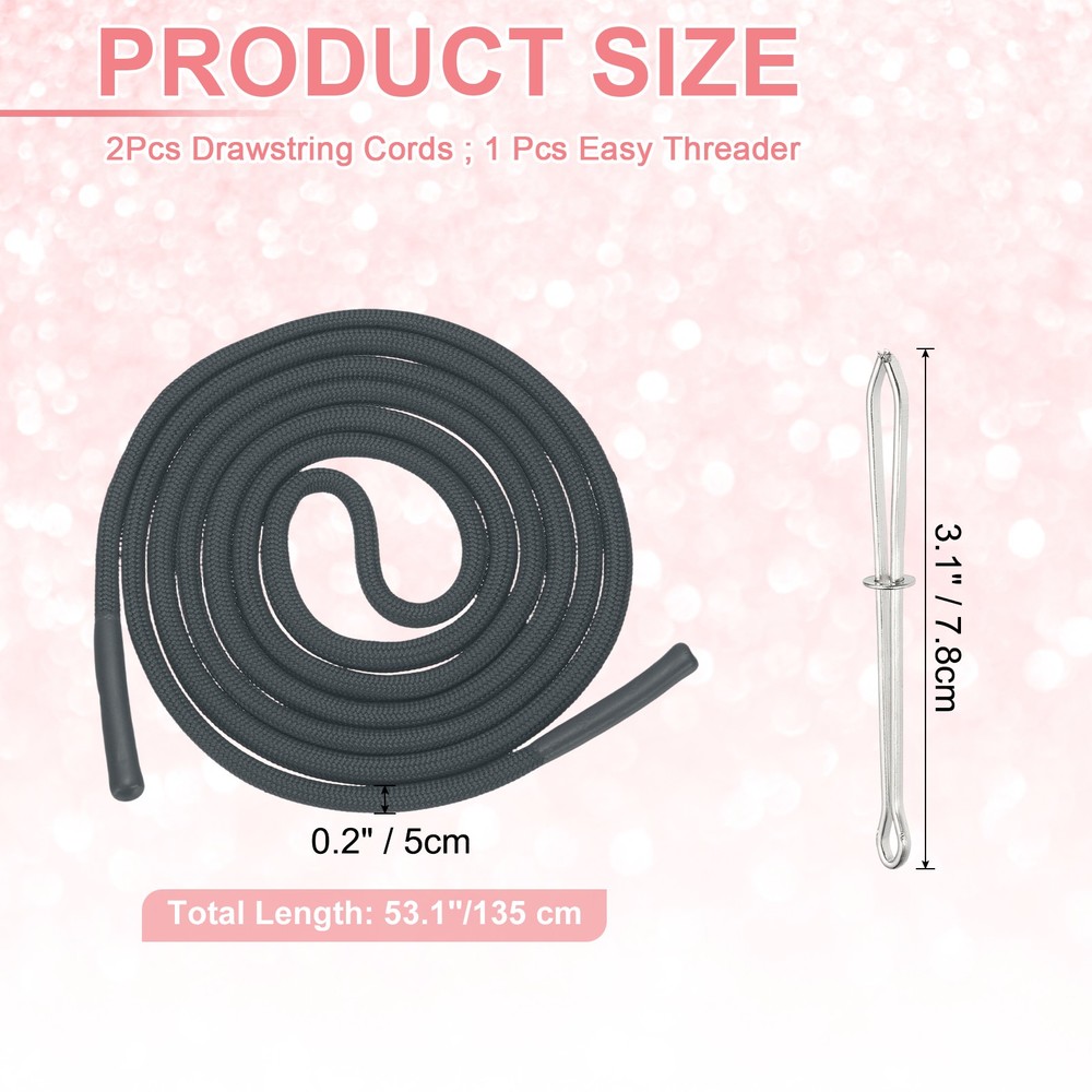 2pcs 53inch Drawstring Cords Hoodie String with Easy Threader, Dark Gray